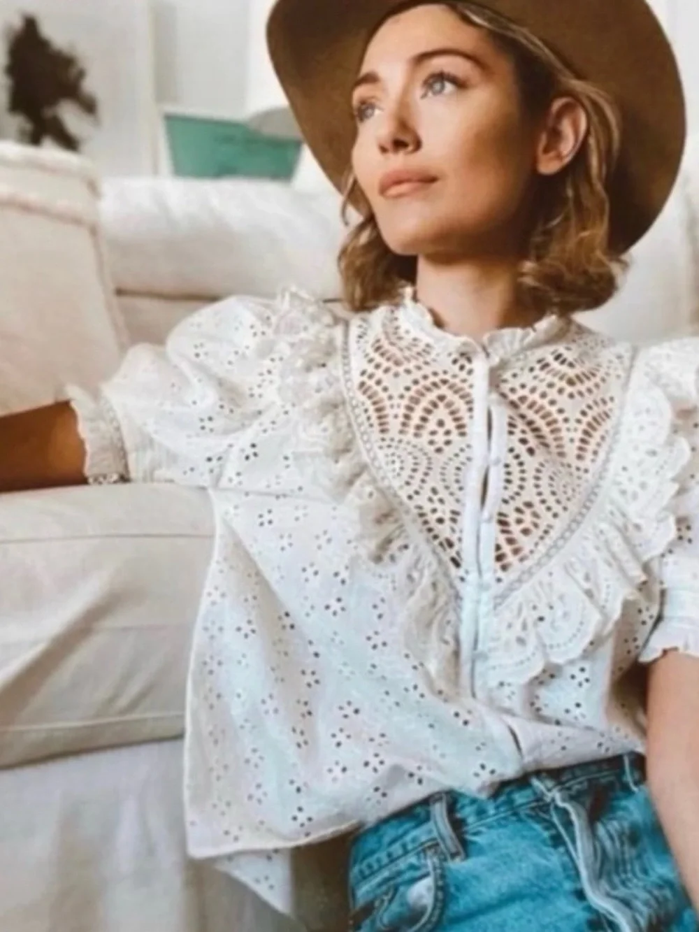 Love the Label XS NWT Anthropologie Eyelet Dreamer Ruffle Lace Trim Blouse boho